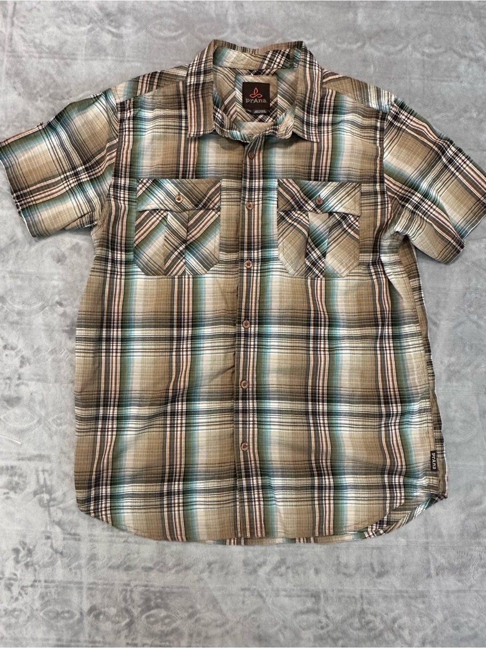 Prana Men's Short Sleeve Plaid Shirt in Beige and Teal Stripe